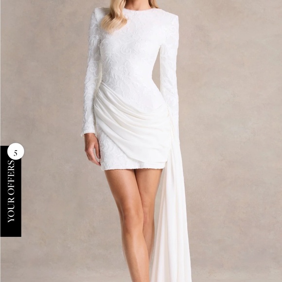 Club L London Dresses & Skirts - Club L London- Worn Once Elegant White Long-Sleeve Mini Dress with Draped Side